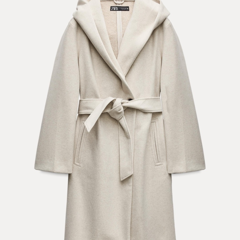 Zara Off-White Hooded Wrap Coat